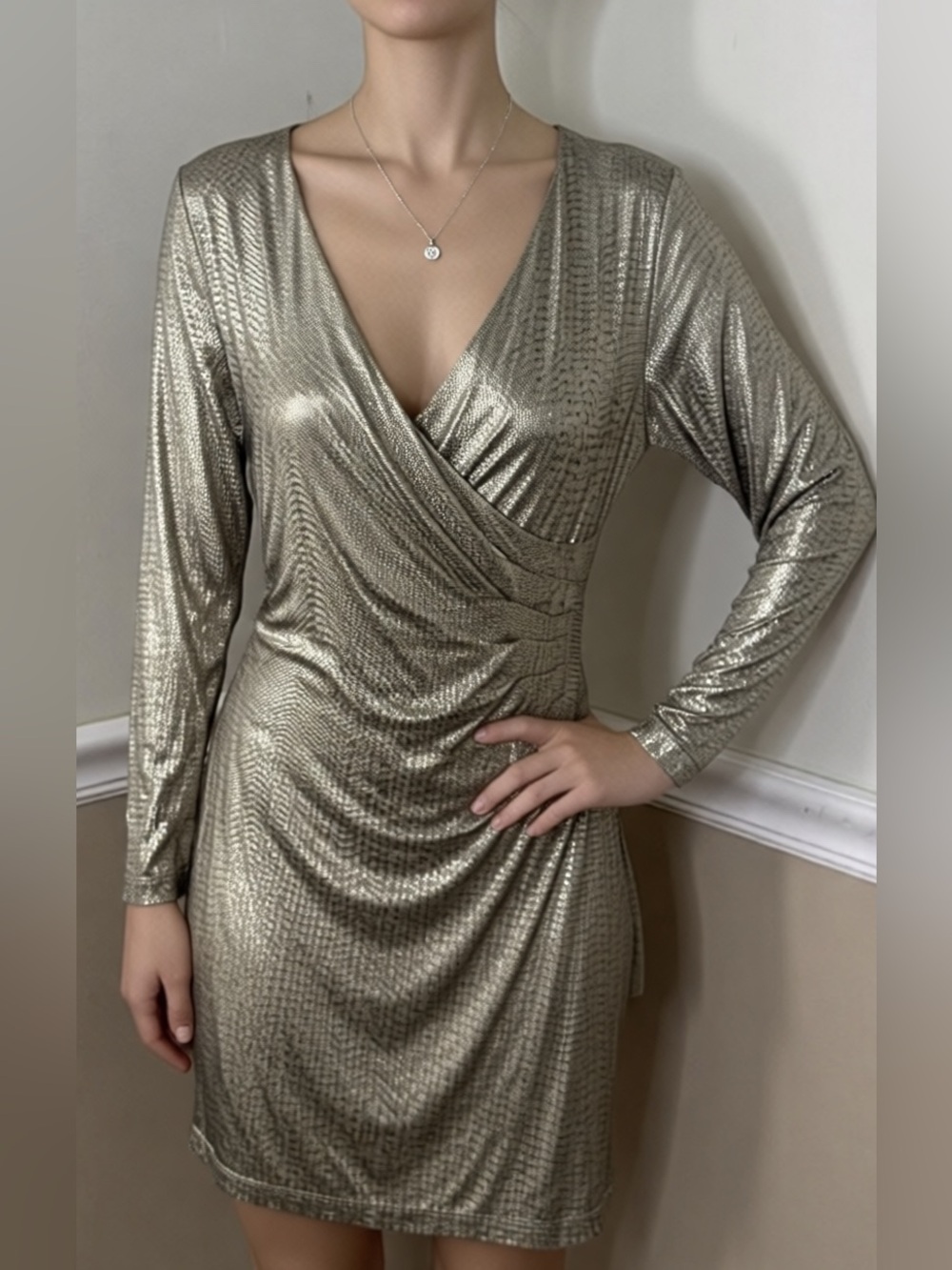 🎉 2 for $20! Calvin Klein Metallic Gold Long-Sleeve Wrap Dress